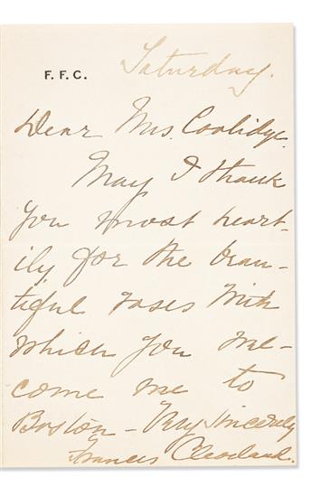 CLEVELAND, FRANCES F. Three Autograph Letters Signed, two as First Lady, to Mrs. Albert Leighton Coolidge (My dear Mrs. Coolidge),